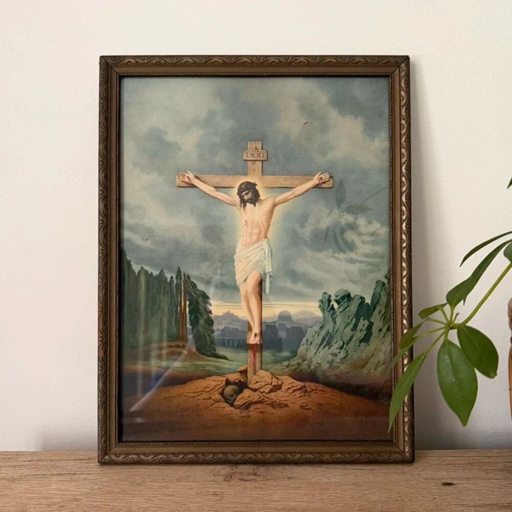 Vintage Jesus on the Cross Crucifixion Print Framed Wall Art 13x10 READ